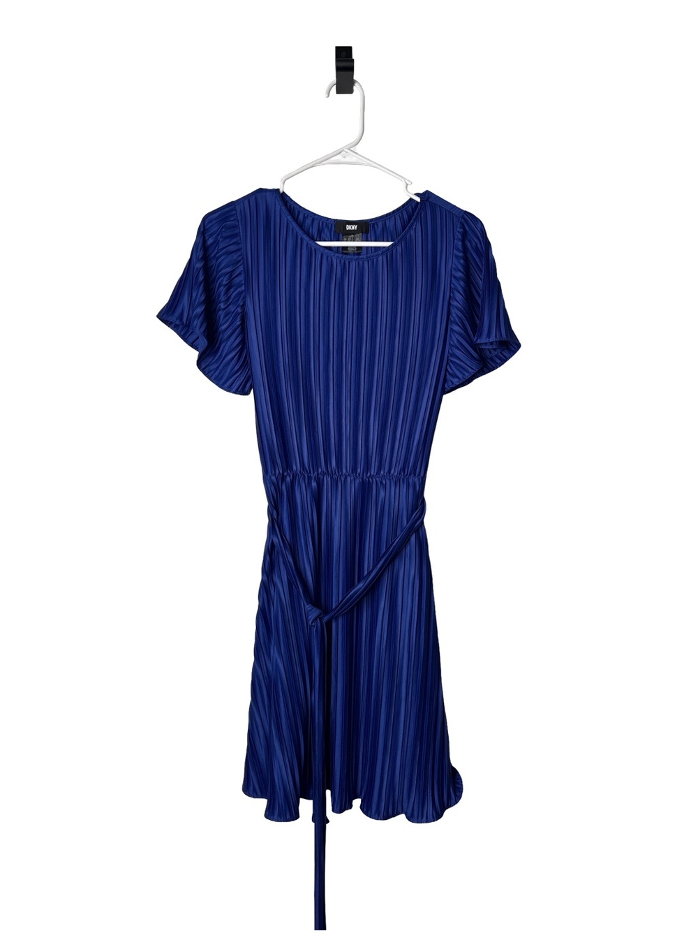DKNY Women’s Cobalt Blue Pleated Belted Summer Preppy Flutters Sleeve Dress Sz 2